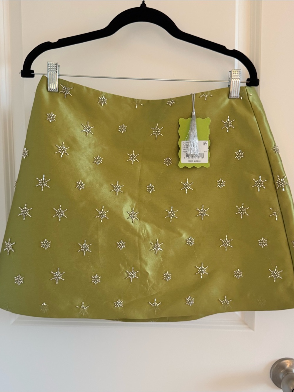 Tuckernuck Olive Green Satin Mini Skirt with Beaded Star Motif